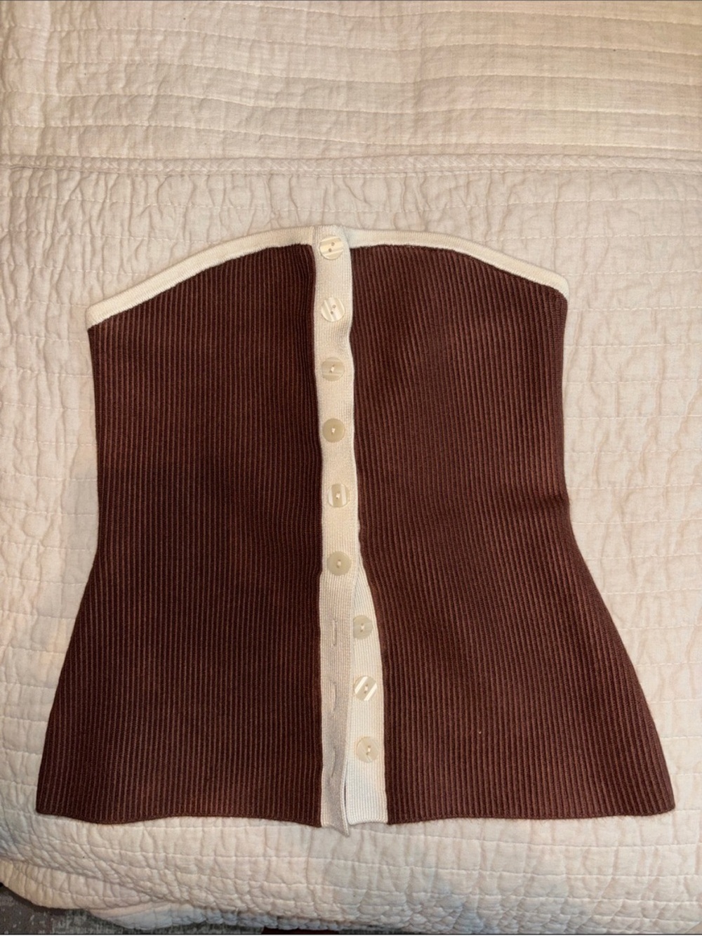 Abercrombie & Fitch Brown Ribbed Strapless Button-Front Crop Top with Cream Trim